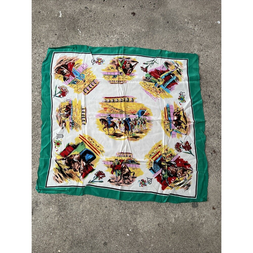 VTG Souvenir ScarfLandmarks Spanish Bullfighters Fiesta Green Border 28” Square